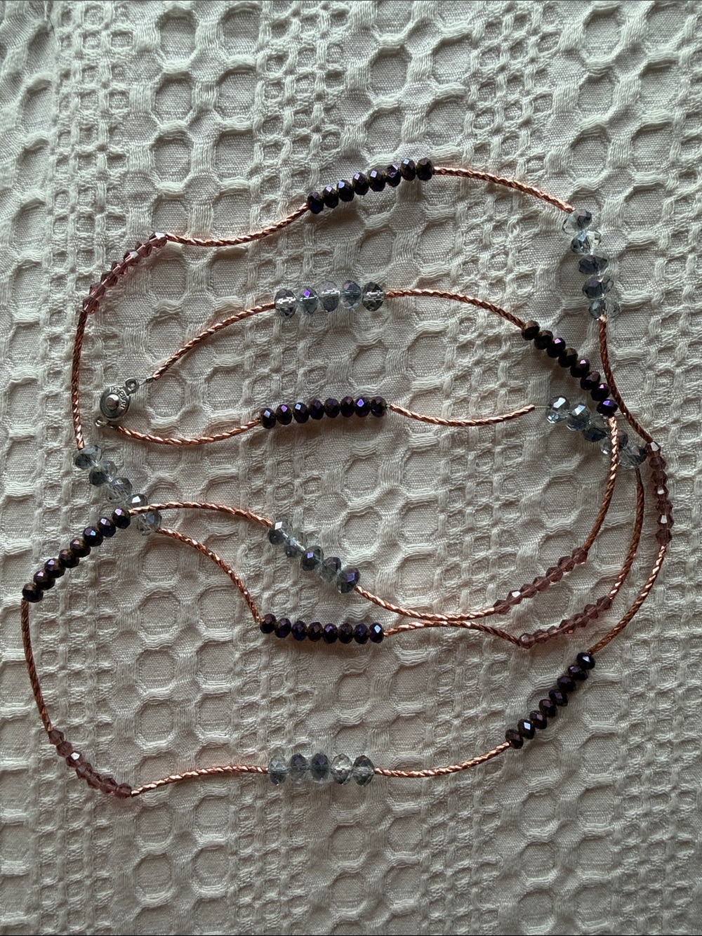 Handcrafted Rose Gold Beaded Long Necklace with Purple and Gray Accents